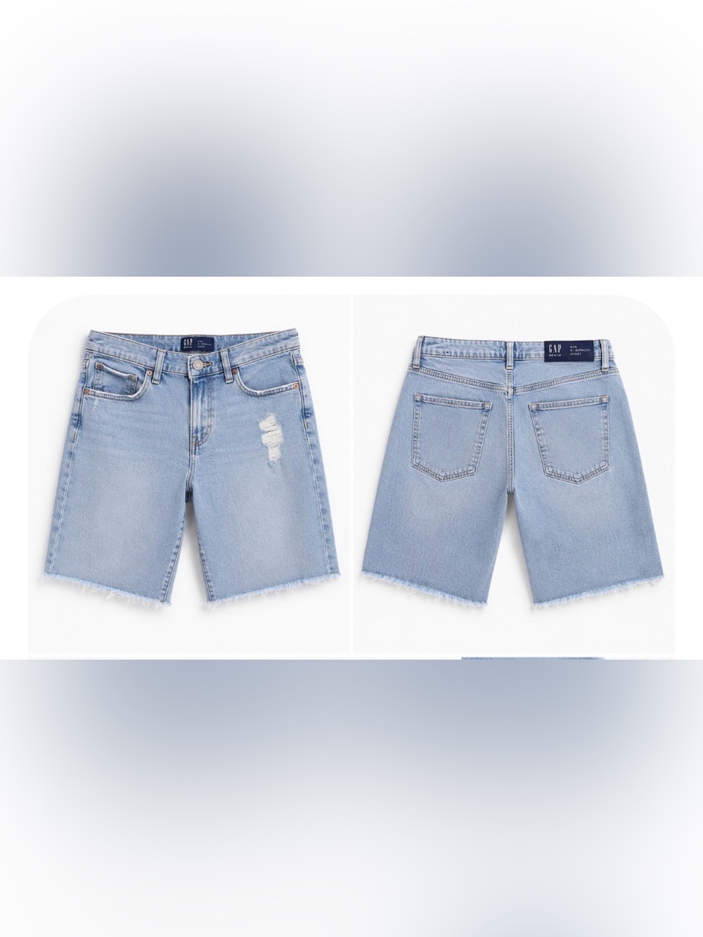 GAP women’s Light Wash Denim Cutoff Bermuda Distressed Shorts 9”